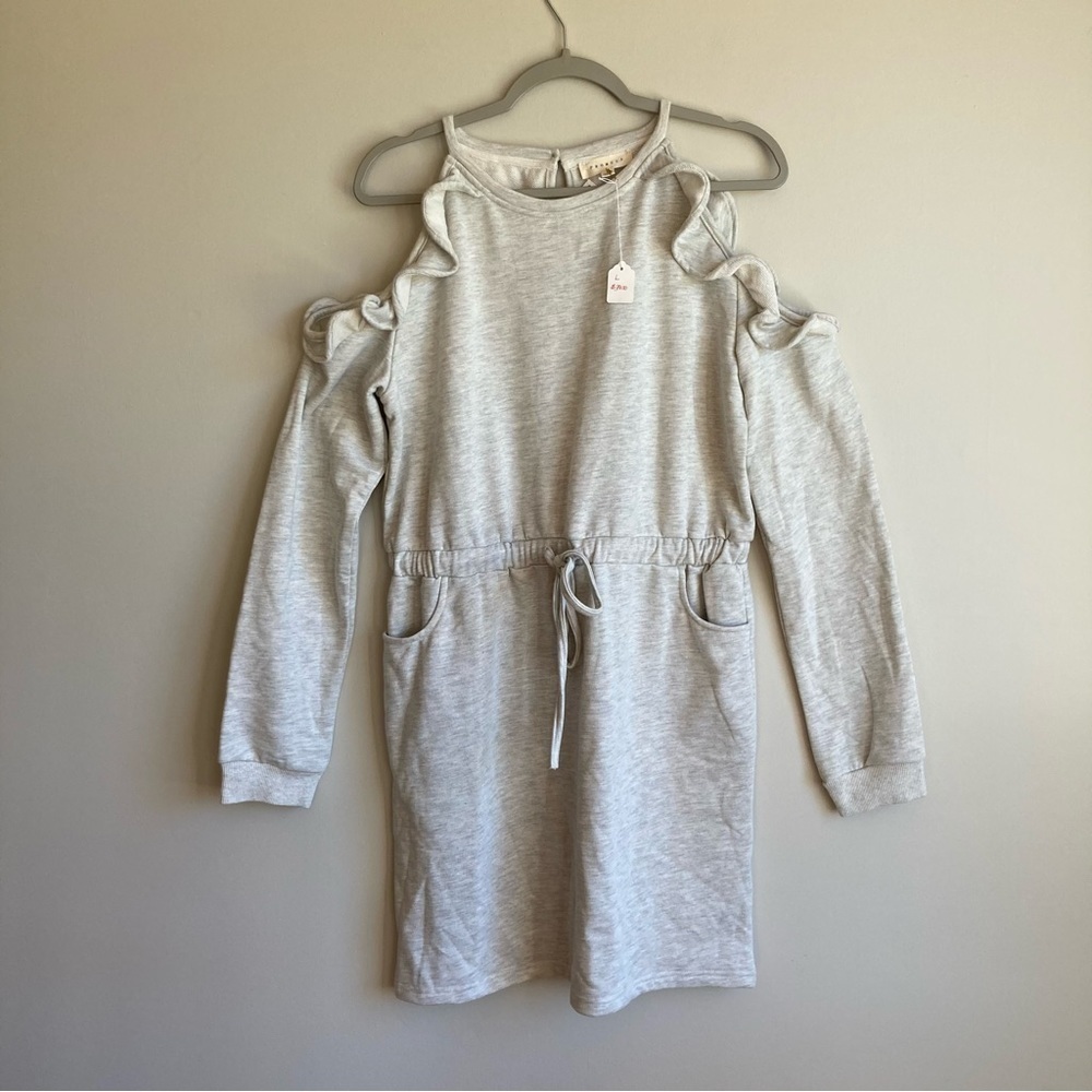 NWT Boutique Brand Cold Shoulder Frill Sweatshirt Dress Tie Waist L